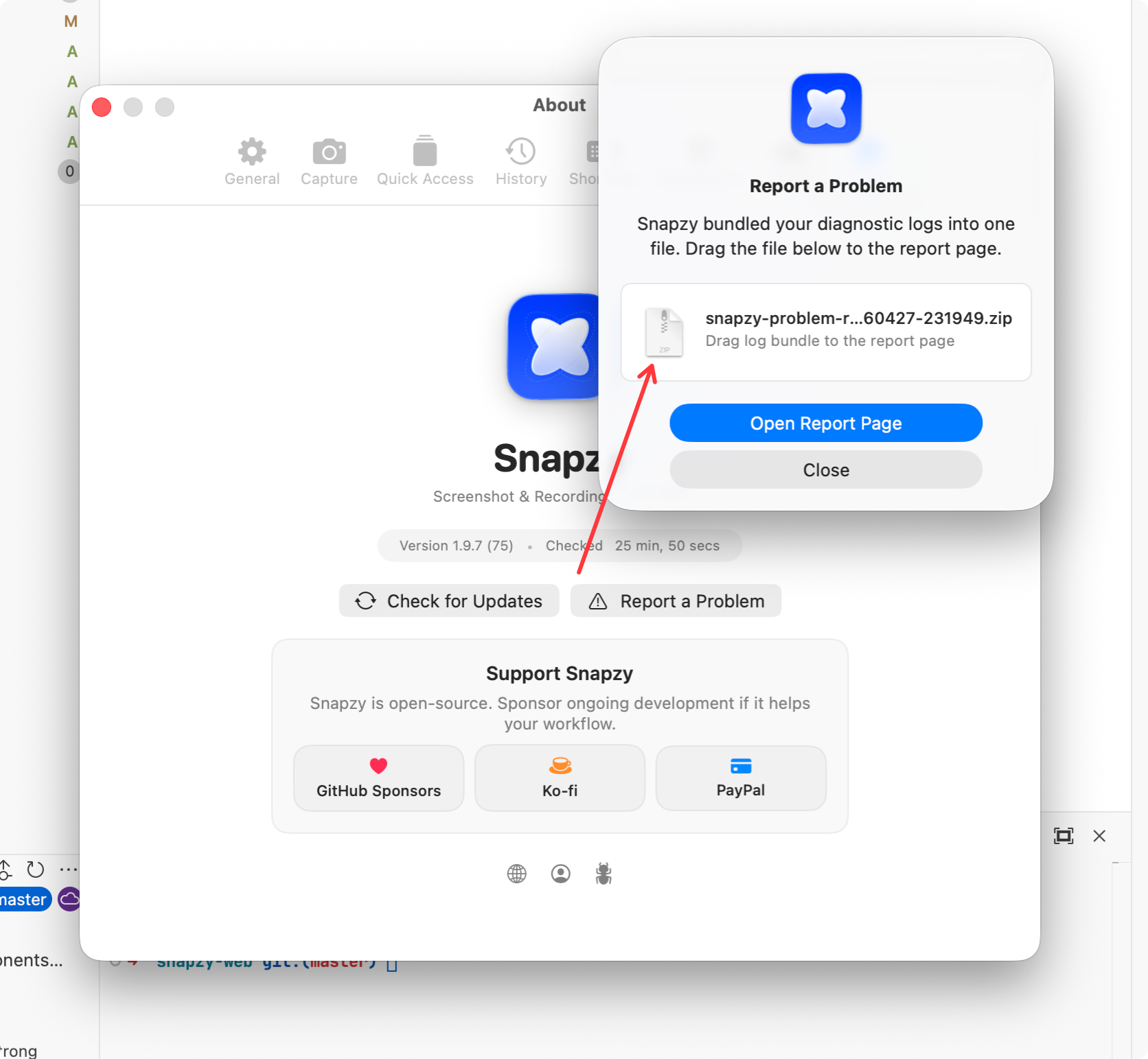 Snapzy Report a Problem dialog showing how to export diagnostic logs
